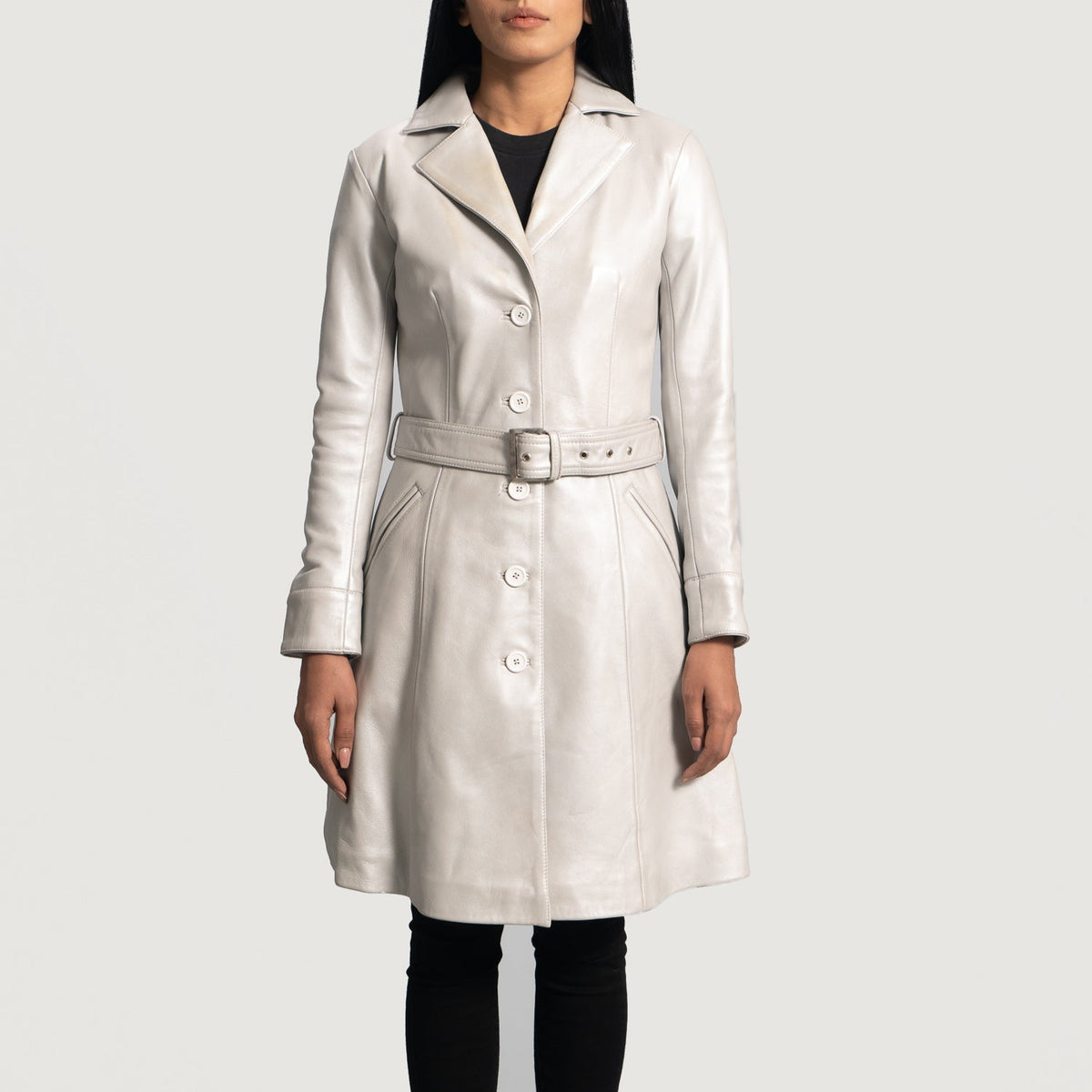Women's Moonlight Silver معطف ترنش جلد نسائي in Silver Sheepskin Leather - Front Profile View &amp; Tailored Silhouette | Buy Online