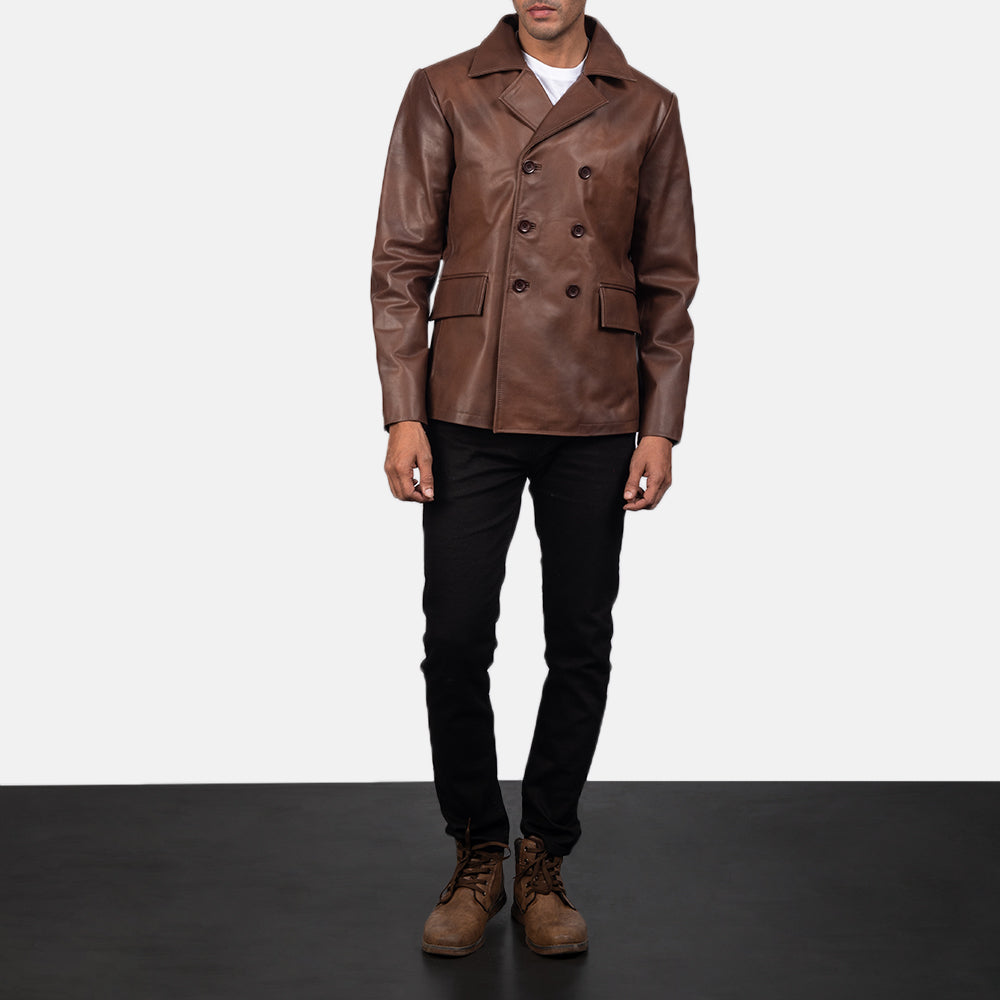 Mr. Bailey بني Leather Naval Peacoat رجالي - Lateral Side Profile View Showing Sleeve Cut &amp; Athletic Taper Fit