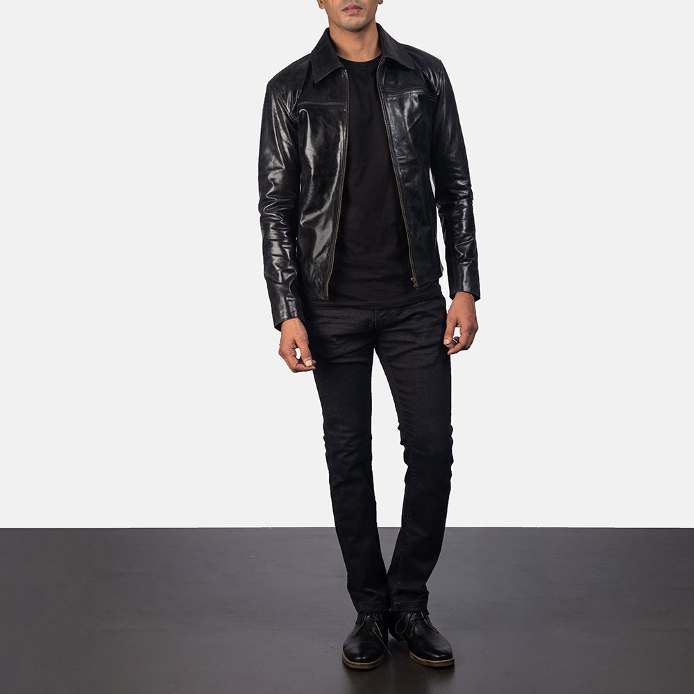 Close-Up Detail of Shirt &amp; Zipper Hardware on Men's Mystical Black Leather Jacket