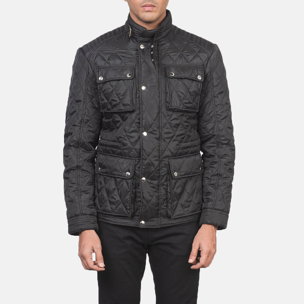 
تفاصيل مقربة of Belted Band & Zipper with Front Button Flap Hardware on Nelson مبطن ومحاك أسود Windbreaker جاكيت جلد رجالي