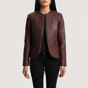 Women's Nexi Quilted Maroon Leather Jacket - Lateral Side Profile View Showing Sleeve Cut &amp; Athletic Taper Fit
