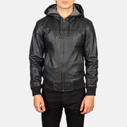 
تفاصيل مقربة of Hooded & Zipper Hardware on Nintenzo Black Hooded Leather Jacket