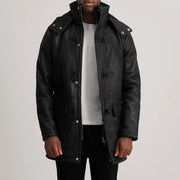 
Nolan Black Snuffed Leather Duffle Coat in Distressed Black Sheepskin Snuffed - عرض أمامي وقَصّة مفصلة أنيقة | شراء أونلاين عبر المتجر الرسمي