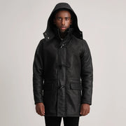 
تفاصيل مقربة of Band collar & Zipper with Toggle button Hardware on Nolan Black Snuffed Leather Duffle Coat