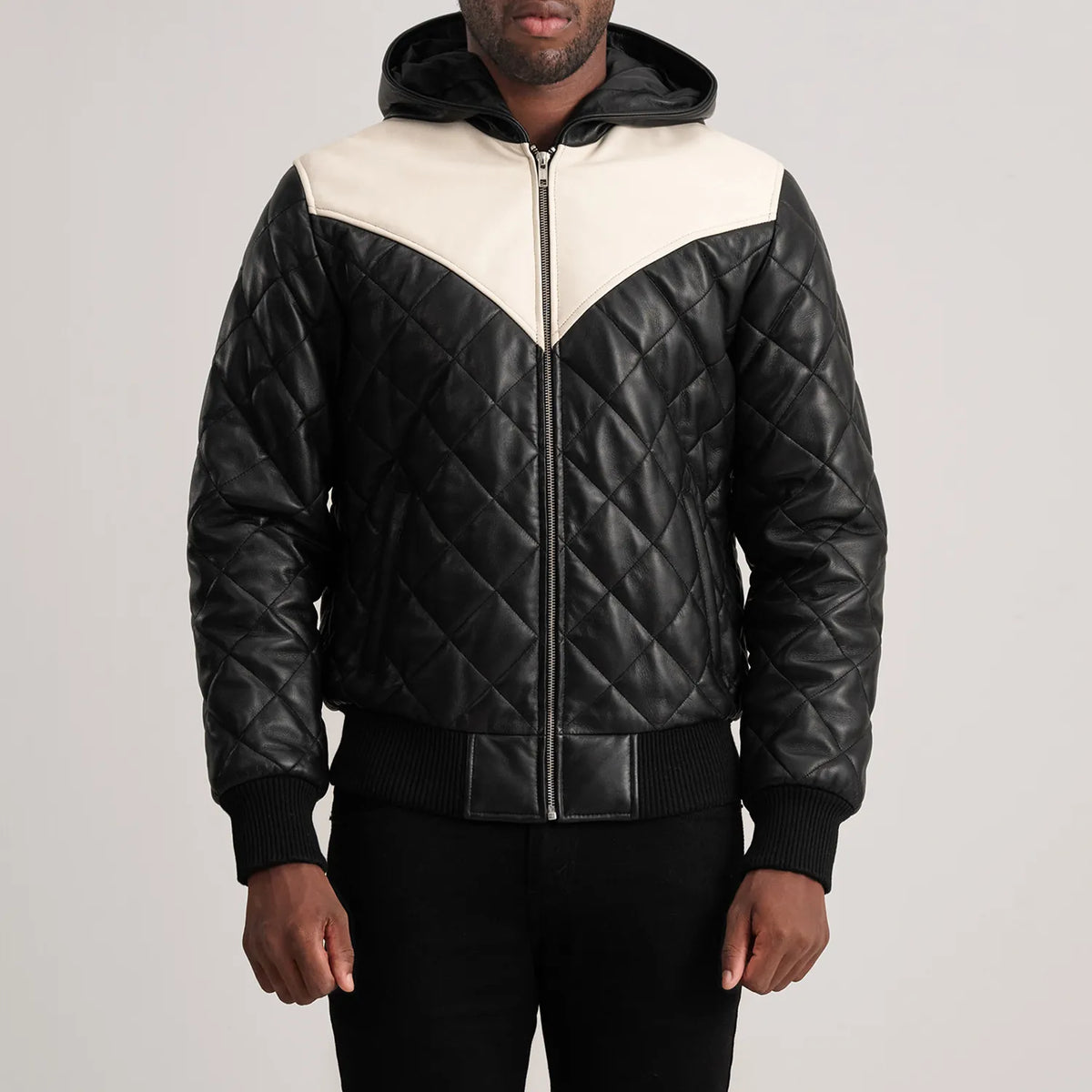 
تفاصيل مقربة of Hooded & Zipper Hardware on Norman Tan Hooded Bomber Leather Puffer Jacket