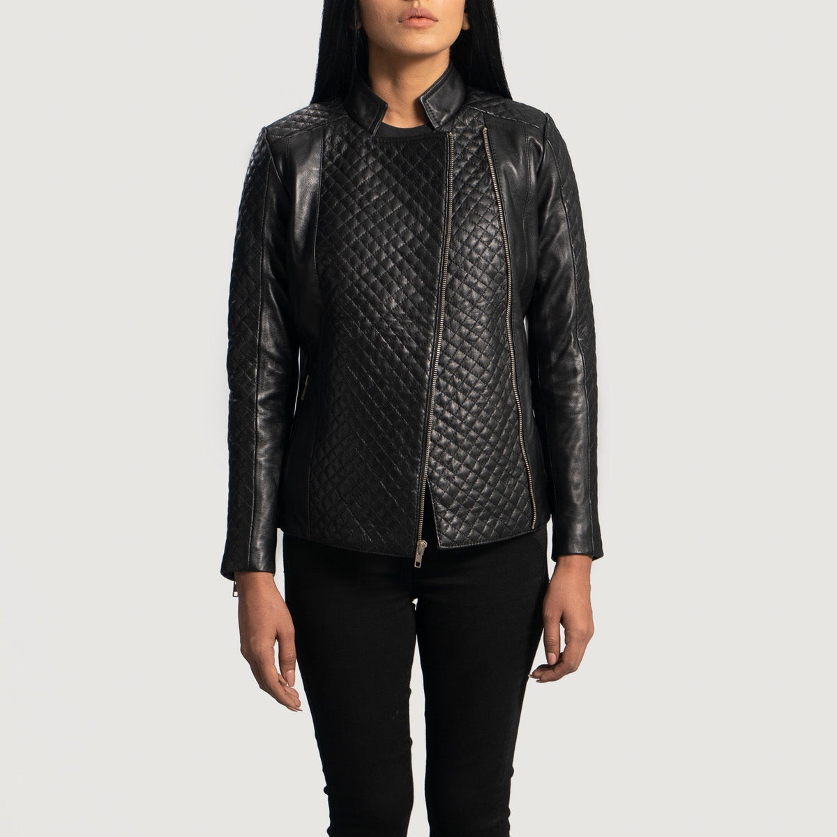 Women's Orient Grain مبطن أسود جاكيت بايكر جلد نسائي - Lateral Side Profile View Showing Sleeve Cut &amp; Athletic Taper Fit