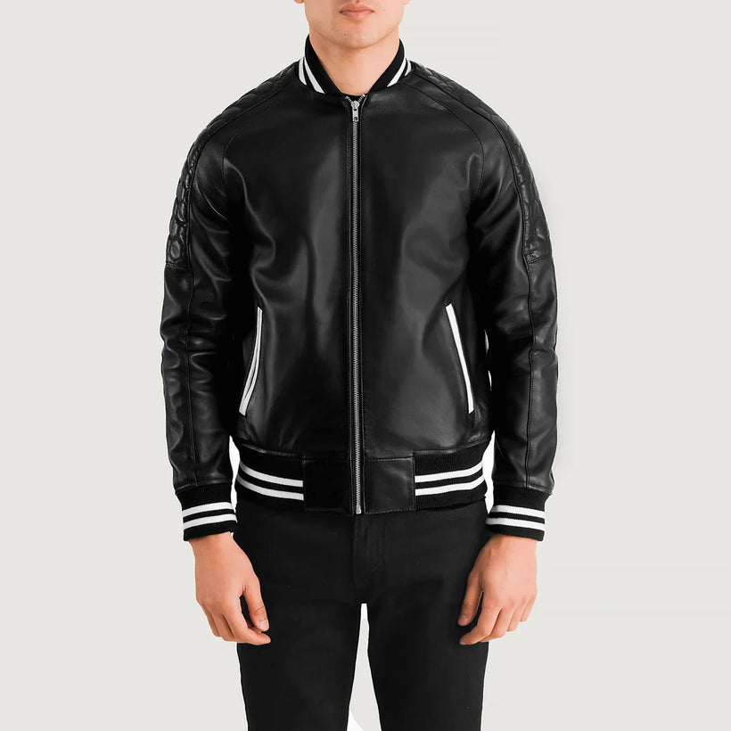 Pascal أسود Leather Varsity جاكيت جلد رجالي