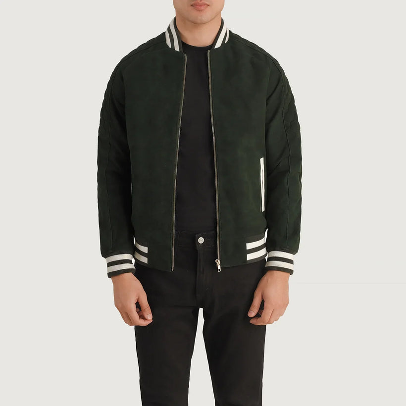 Pascal أخضر Suede Varsity جاكيت جلد رجالي