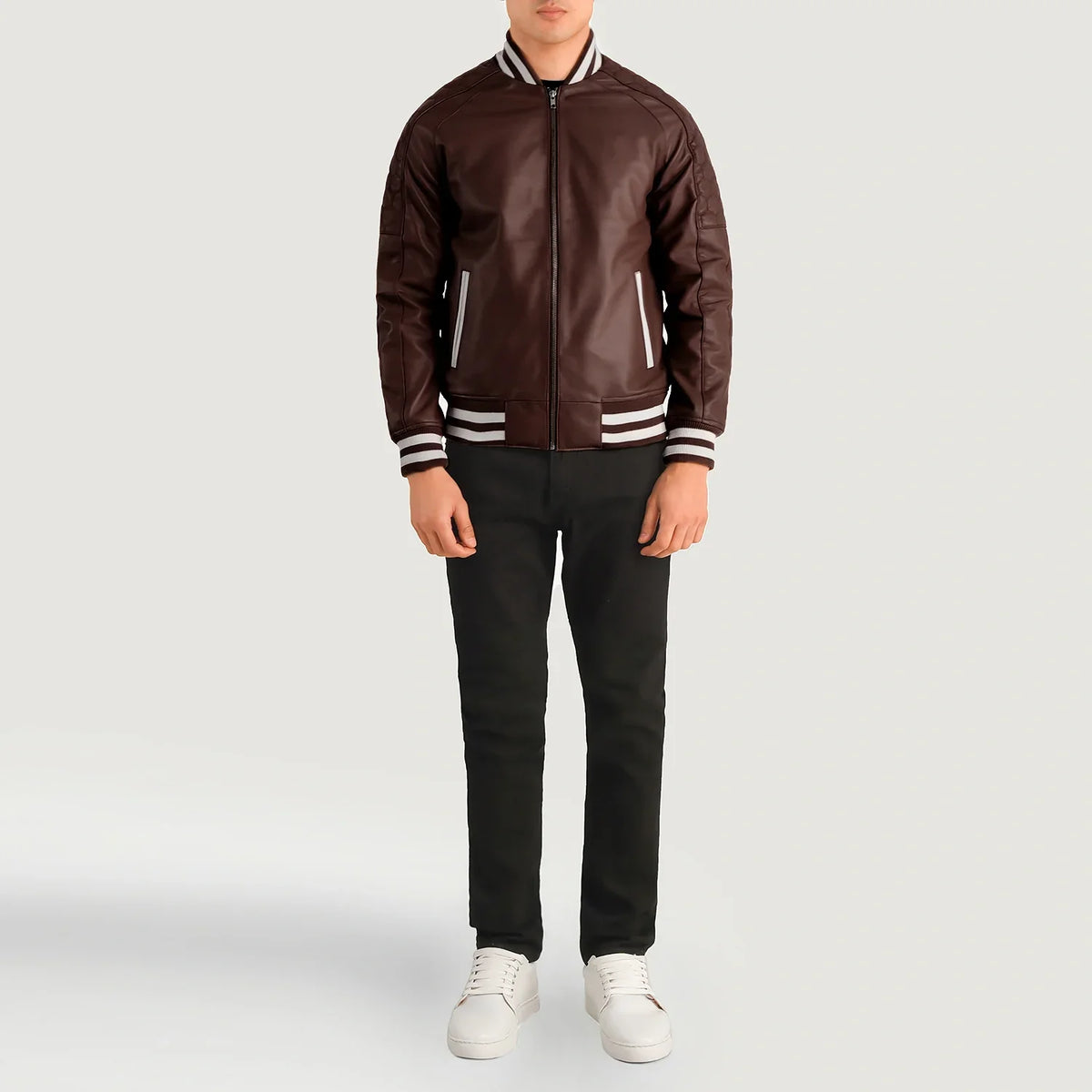 Pascal عنابي Leather Varsity جاكيت جلد رجالي - Lateral Side Profile View Showing Sleeve Cut &amp; Athletic Taper Fit