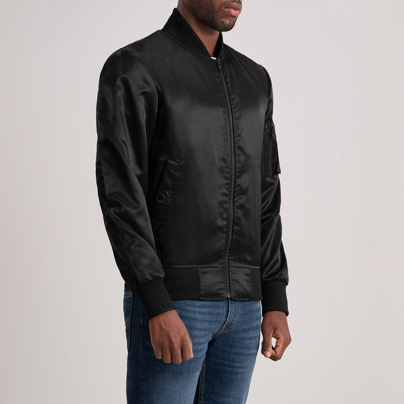Black Satin Bomber Jacket - Back View Showing Tailored Shoulder Fit & Clean Hemline
