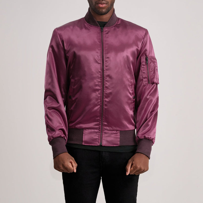 Quinton MA-1 Maroon Bomber Jacket in Maroon Satin - Front Profile View & Tailored Silhouette | Buy Online