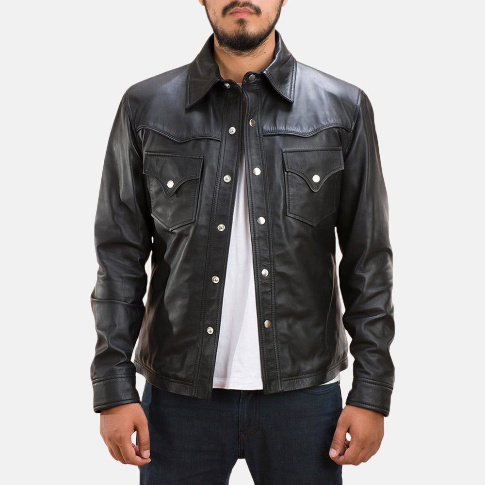 Men's Ranchson أسود Leather Shirt رجالي in Black Sheepskin Leather - Front Profile View &amp; Tailored Silhouette | Buy Online