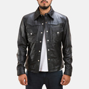 Men's Ranchson أسود Leather Shirt رجالي in Black Sheepskin Leather - Front Profile View &amp; Tailored Silhouette | Buy Online