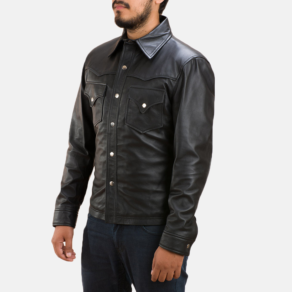 Men's Ranchson أسود Leather Shirt رجالي - Lateral Side Profile View Showing Sleeve Cut &amp; Athletic Taper Fit