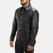 Men's Ranchson أسود Leather Shirt رجالي - Lateral Side Profile View Showing Sleeve Cut &amp; Athletic Taper Fit