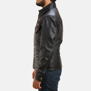 Close-Up Detail of Shirt &amp; Button Hardware on Men's Ranchson أسود Leather Shirt رجالي