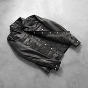 Button &amp; Hem Craftsmanship Construction Detail on Men's Ranchson أسود Leather Shirt رجالي