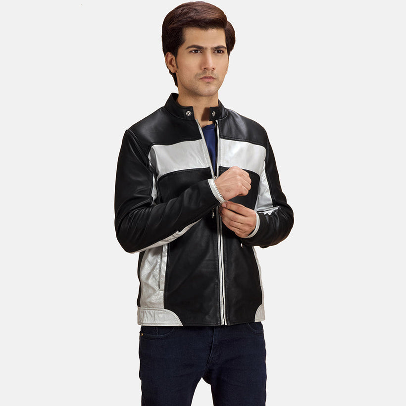 Randolf Silver أسود جاكيت بايكر جلد طبيعي رجالي