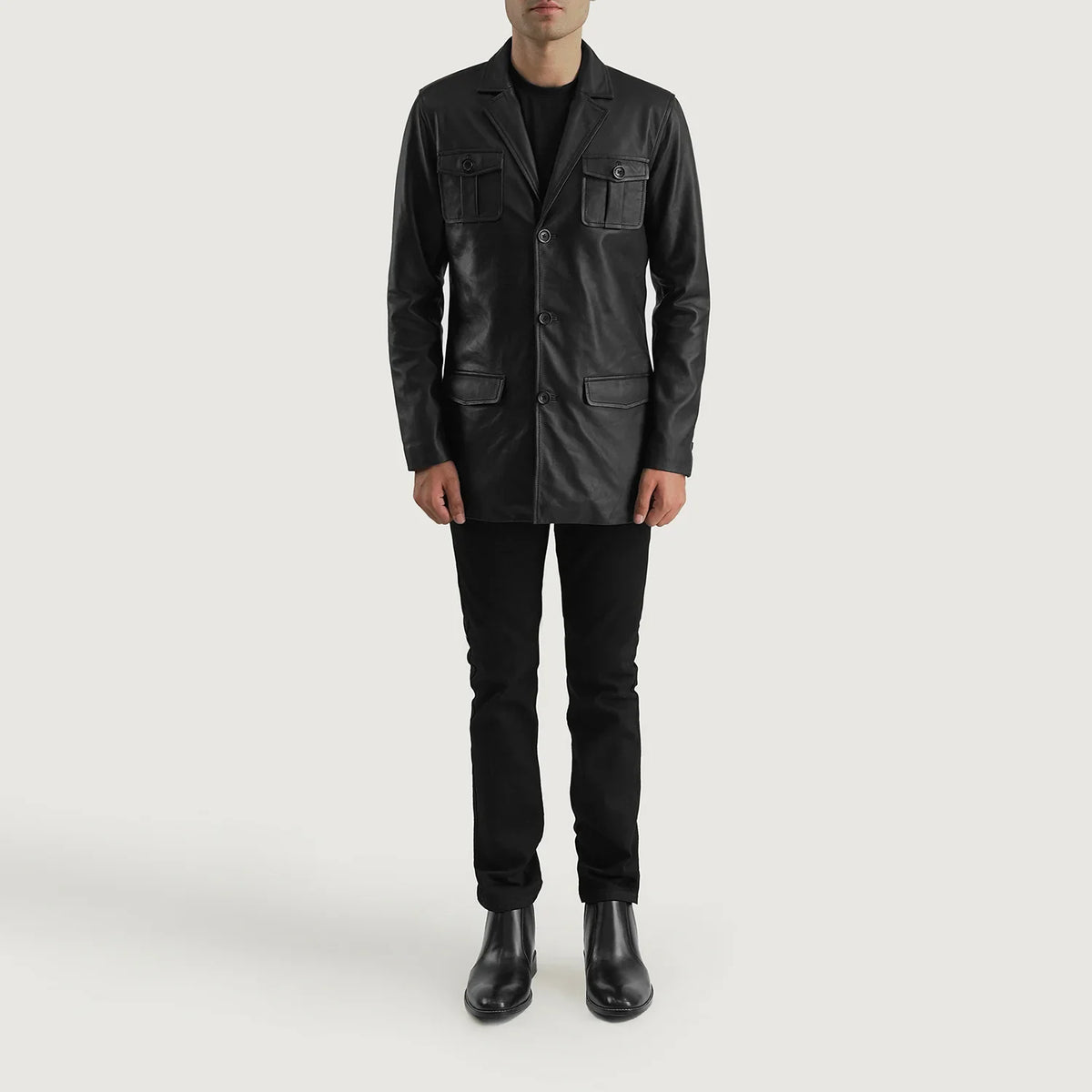 
Ray Cutler Black Leather Blazer - عرض جانبي يوضح قَصّة الأكمام المريحة