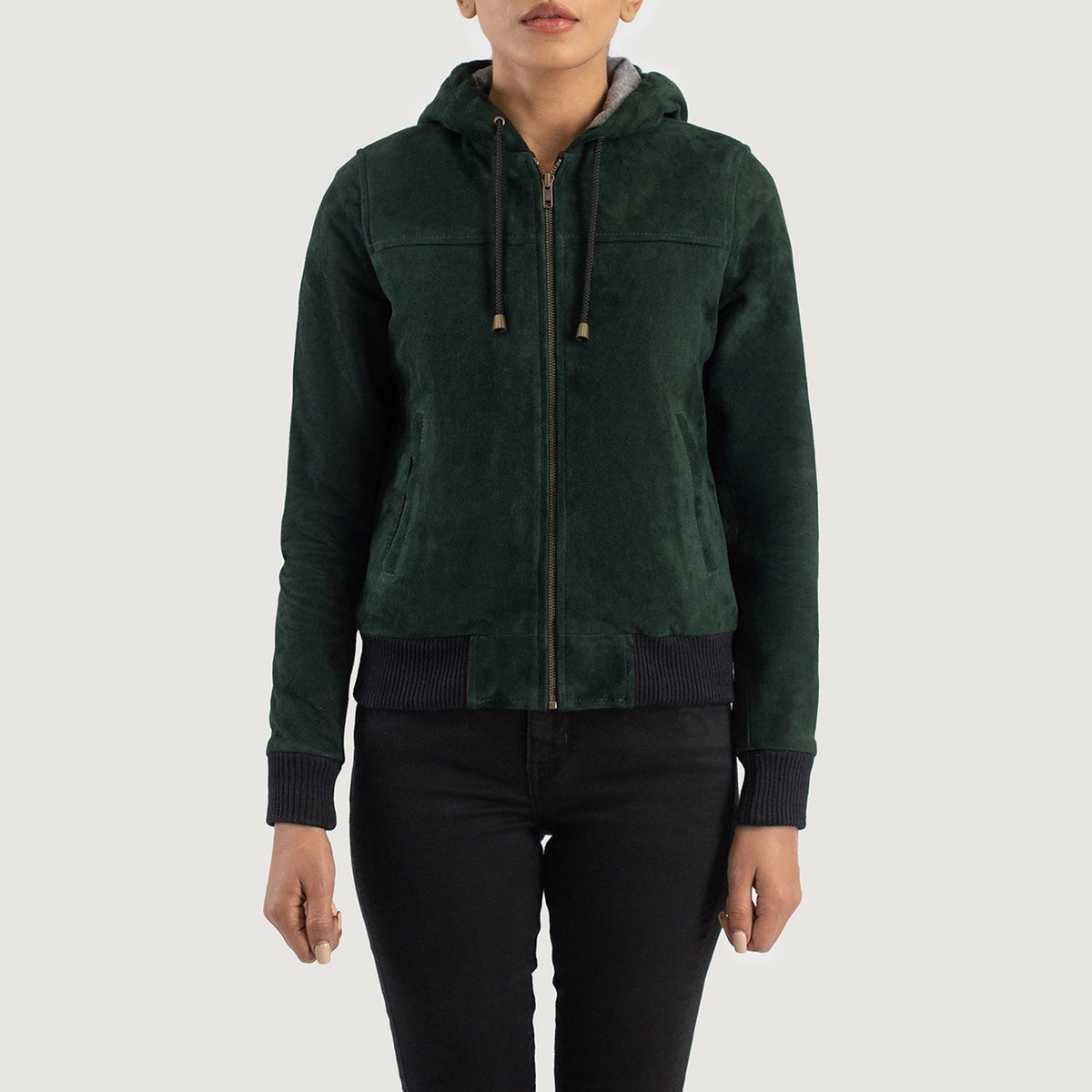 
تفاصيل مقربة of Hooded & Zipper Hardware on Rebella Green Hooded Suede Bomber Jacket