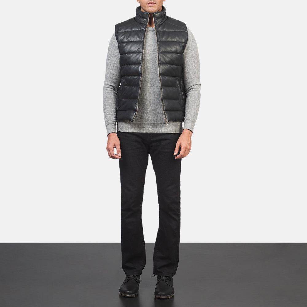 
Reeves أسود Leather فيست صدرية مبطن رجالي - عرض جانبي يوضح قَصّة الأكمام المريحة
