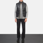 
Reeves أسود Leather فيست صدرية مبطن رجالي - عرض جانبي يوضح قَصّة الأكمام المريحة