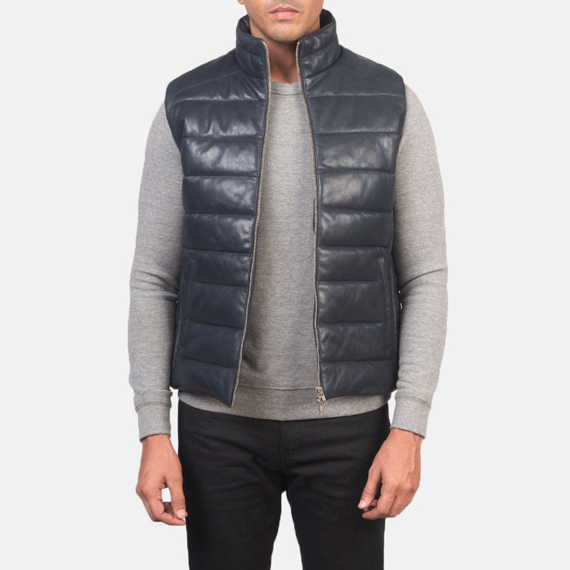 Reeves أزرق Leather Puffer Vest رجالي