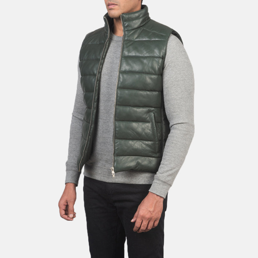 Reeves أخضر Leather Puffer Vest رجالي