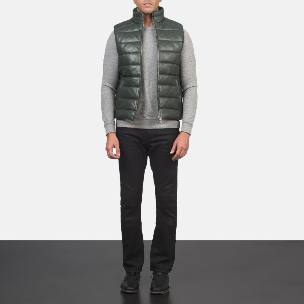 
Reeves أخضر Leather فيست صدرية مبطن رجالي - عرض جانبي يوضح قَصّة الأكمام المريحة
