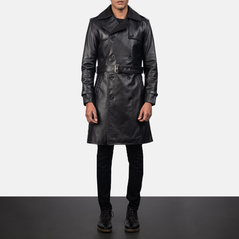 
تفاصيل مقربة of Shirt & Heavy-Duty Zipper Hardware on Royson أسود Leather Duster معطف جلد فاخر رجالي