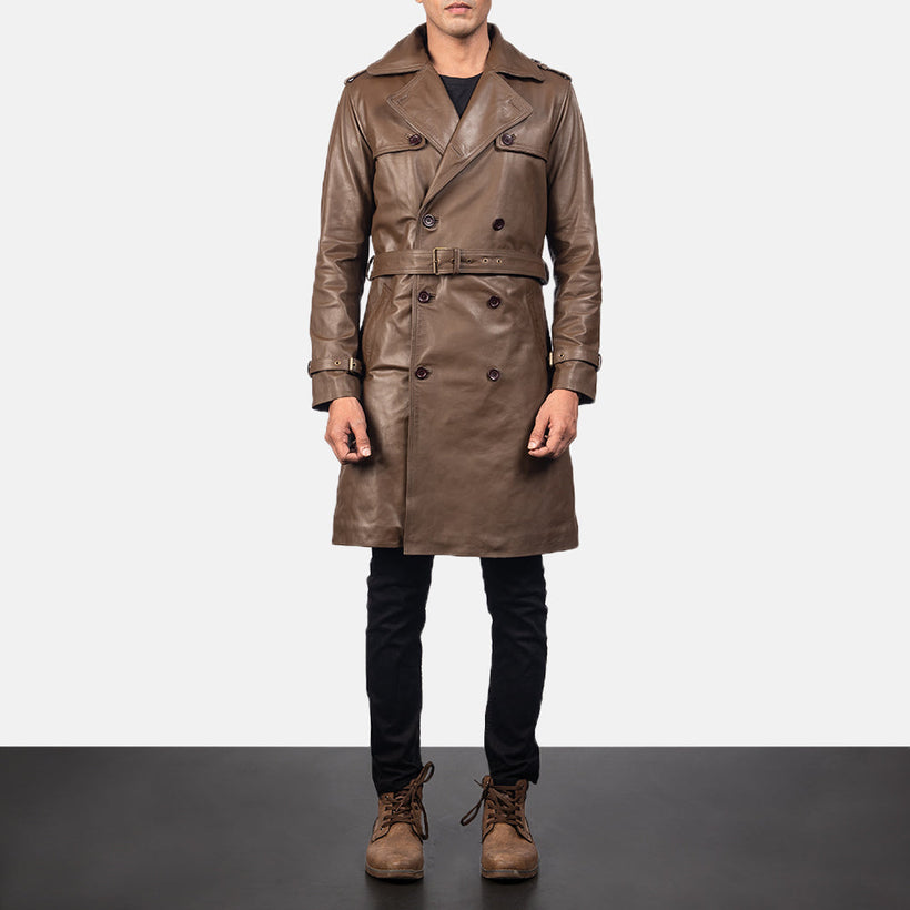 Royson بني Leather Duster معطف جلد فاخر رجالي