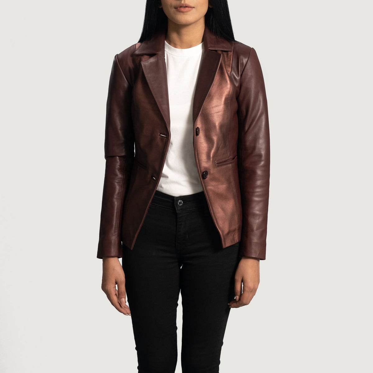 Women's Ruby Metallic عنابي بليزر جلد نسائي - Lateral Side Profile View Showing Sleeve Cut &amp; Athletic Taper Fit