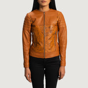 Women's Sandy بيج Dye جاكيت بايكر جلد نسائي in Tan Brown Sheepskin Dip &amp;Amp; Dye - Front Profile View &amp; Tailored Silhouette | Buy Online