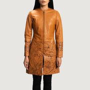 Women's Sandy بيج Dye معطف جلد نسائي in Tan Brown Sheepskin Dip &amp;Amp; Dye - Front Profile View &amp; Tailored Silhouette | Buy Online
