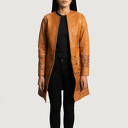 Women's Sandy بيج Dye معطف جلد نسائي - Lateral Side Profile View Showing Sleeve Cut &amp; Athletic Taper Fit