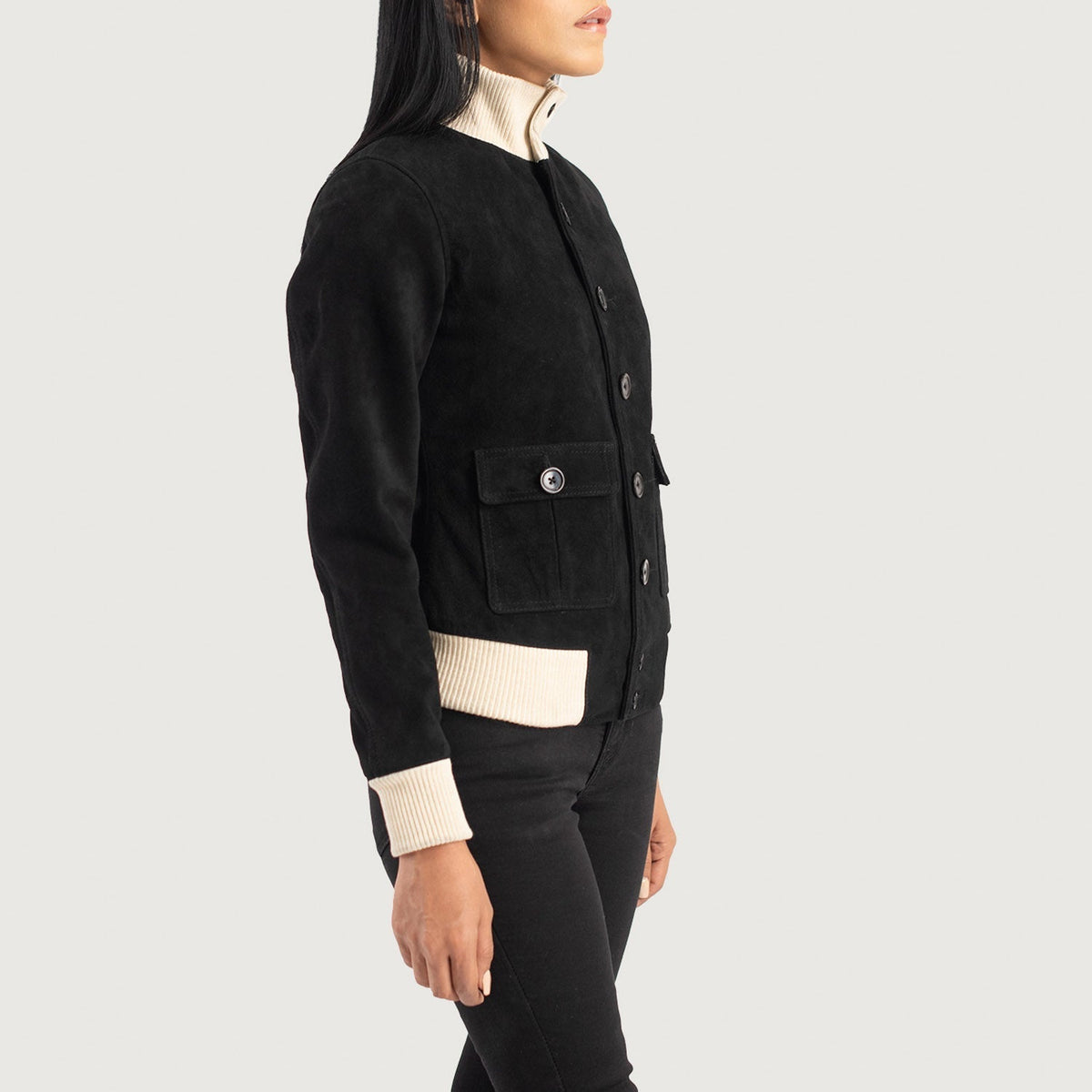 
Black Goatskin Suede Bomber Jacket - عرض خلفي يوضح تفصيل الأكتاف المتقن والحاشية النظيفة