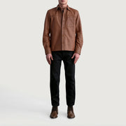 Close-Up Detail of Shirt &amp; Buttons Hardware on Scout Matte بني Leather Shirt رجالي