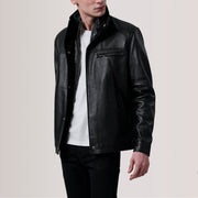 Sean أسود Leather Classic جاكيت جلد رجالي For Men in Black Sheepskin Leather - Front Profile View &amp; Tailored Silhouette | Buy Online