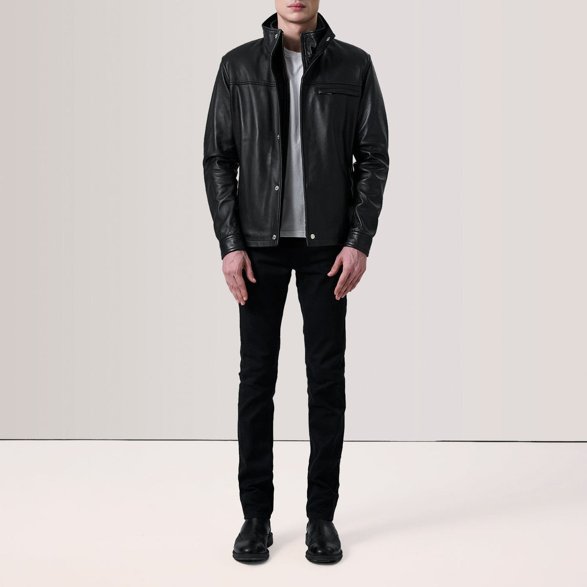 Black Sheepskin Leather Biker Jacket - Back View Showing Tailored Shoulder Fit &amp; Clean Hemline