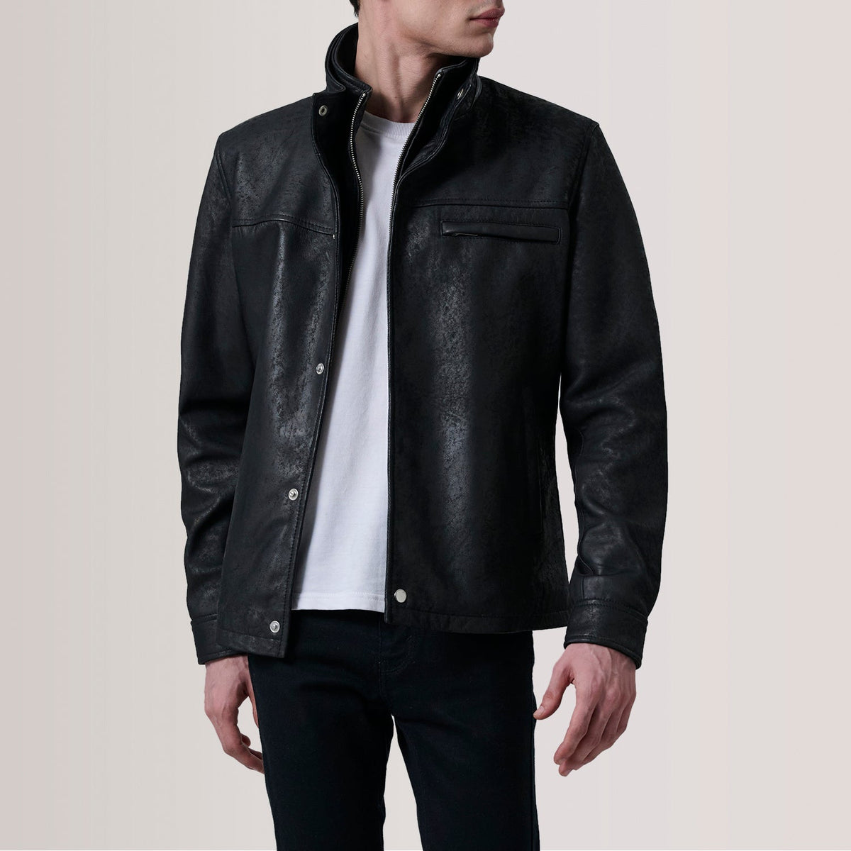 Sean أسود Snuffed Classic جاكيت جلد رجالي For Men in Distressed Black Sheepskin Snuffed - Front Profile View &amp; Tailored Silhouette | Buy Online