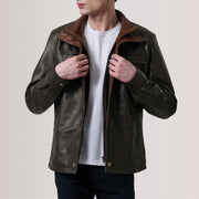 Sean بني Leather Classic جاكيت جلد رجالي For Men in Brown Sheepskin Leather - Front Profile View &amp; Tailored Silhouette | Buy Online