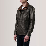 Sean بني Leather Classic جاكيت جلد رجالي For Men - Lateral Side Profile View Showing Sleeve Cut &amp; Athletic Taper Fit