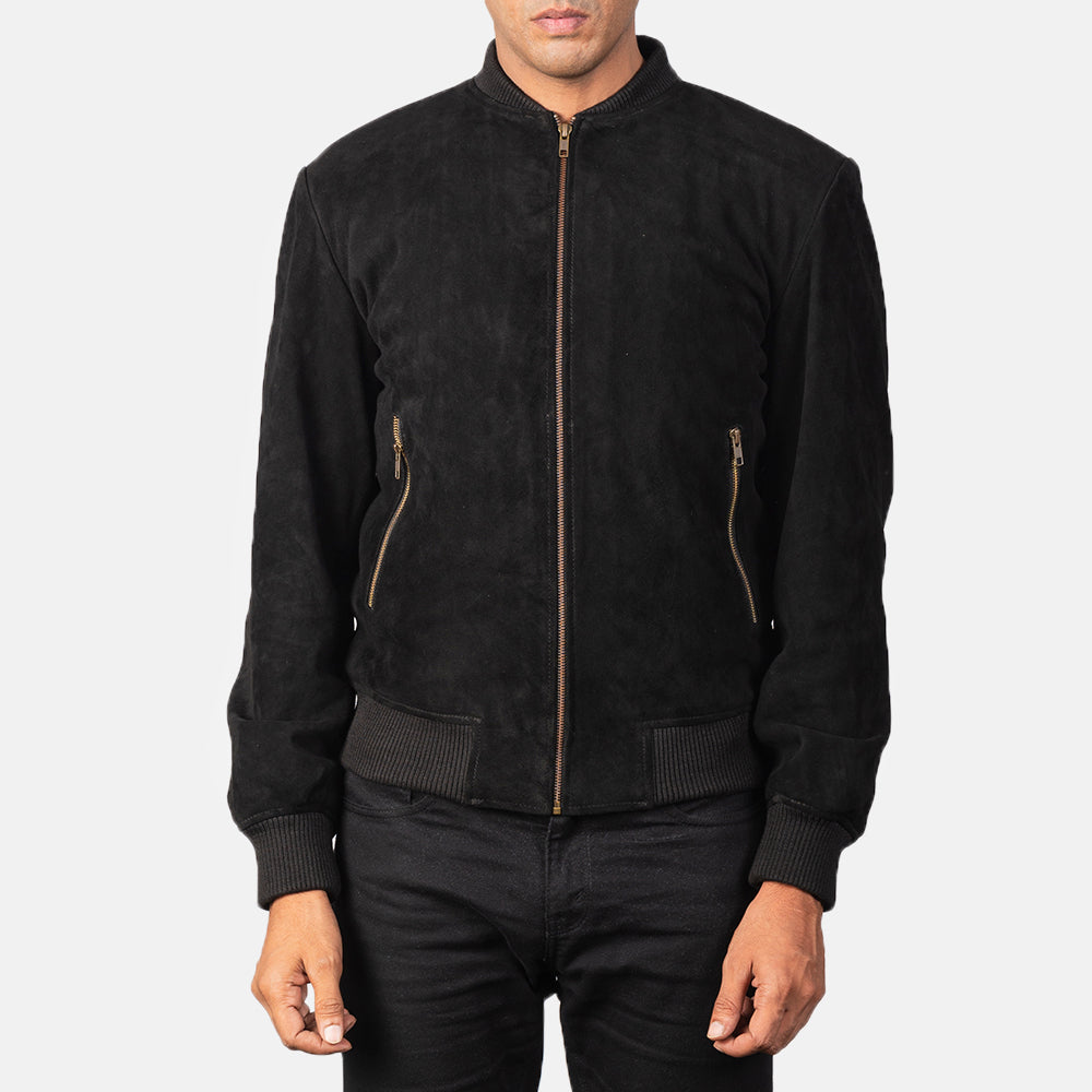 Close-Up Detail of Varsity &amp; Zipper Hardware on Men's Shane أسود Suede جاكيت بومبر جلد رجالي