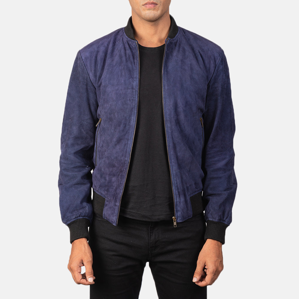 
Shane Navy Blue Suede Bomber Jacket in Blue Goatskin Suede - عرض أمامي وقَصّة مفصلة أنيقة | شراء أونلاين عبر المتجر الرسمي