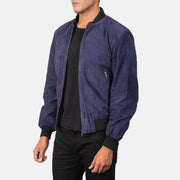 
Blue Goatskin Suede Bomber Jacket - عرض خلفي يوضح تفصيل الأكتاف المتقن والحاشية النظيفة