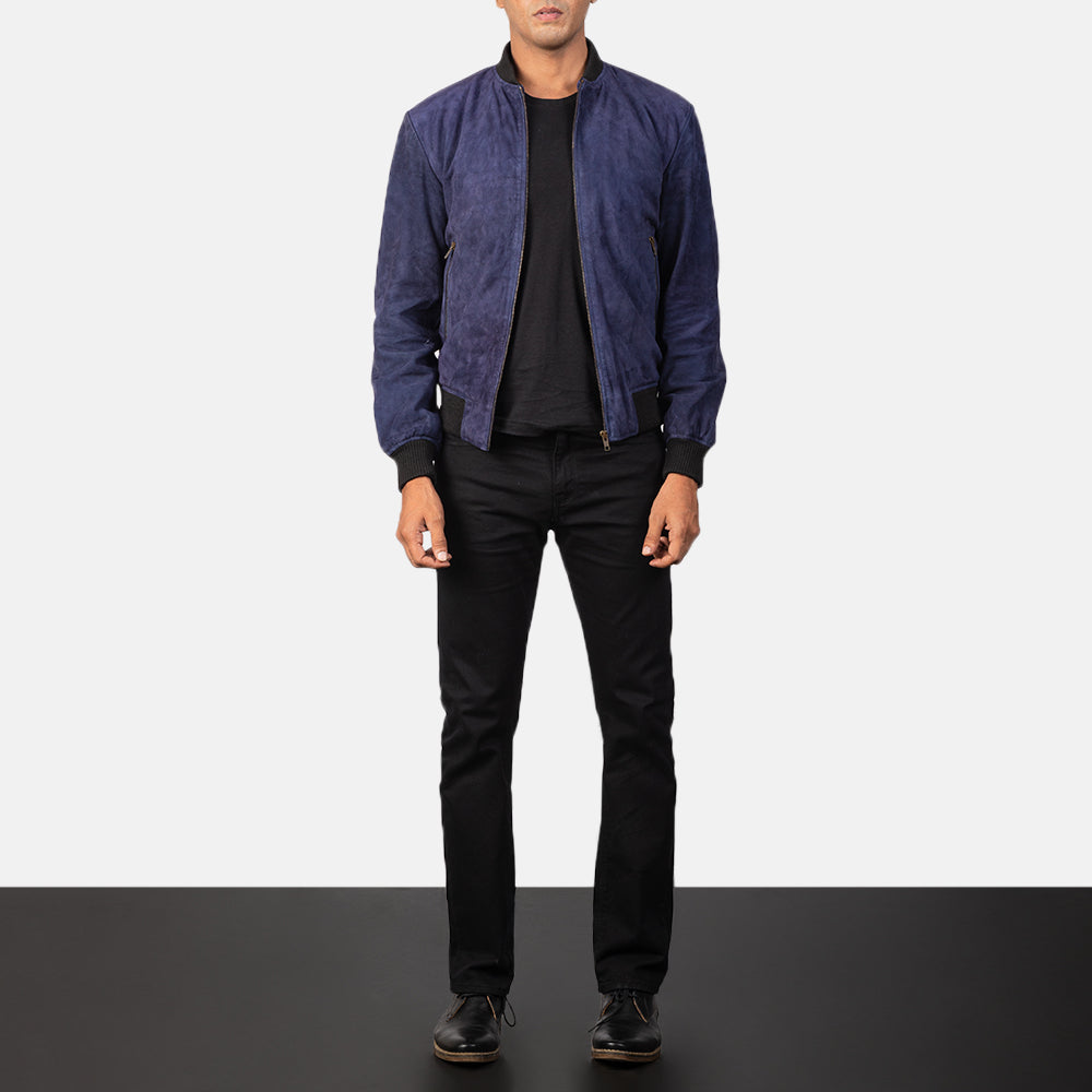 
Shane Navy Blue Suede Bomber Jacket - عرض جانبي يوضح قَصّة الأكمام المريحة