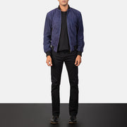 
Shane Navy Blue Suede Bomber Jacket - عرض جانبي يوضح قَصّة الأكمام المريحة