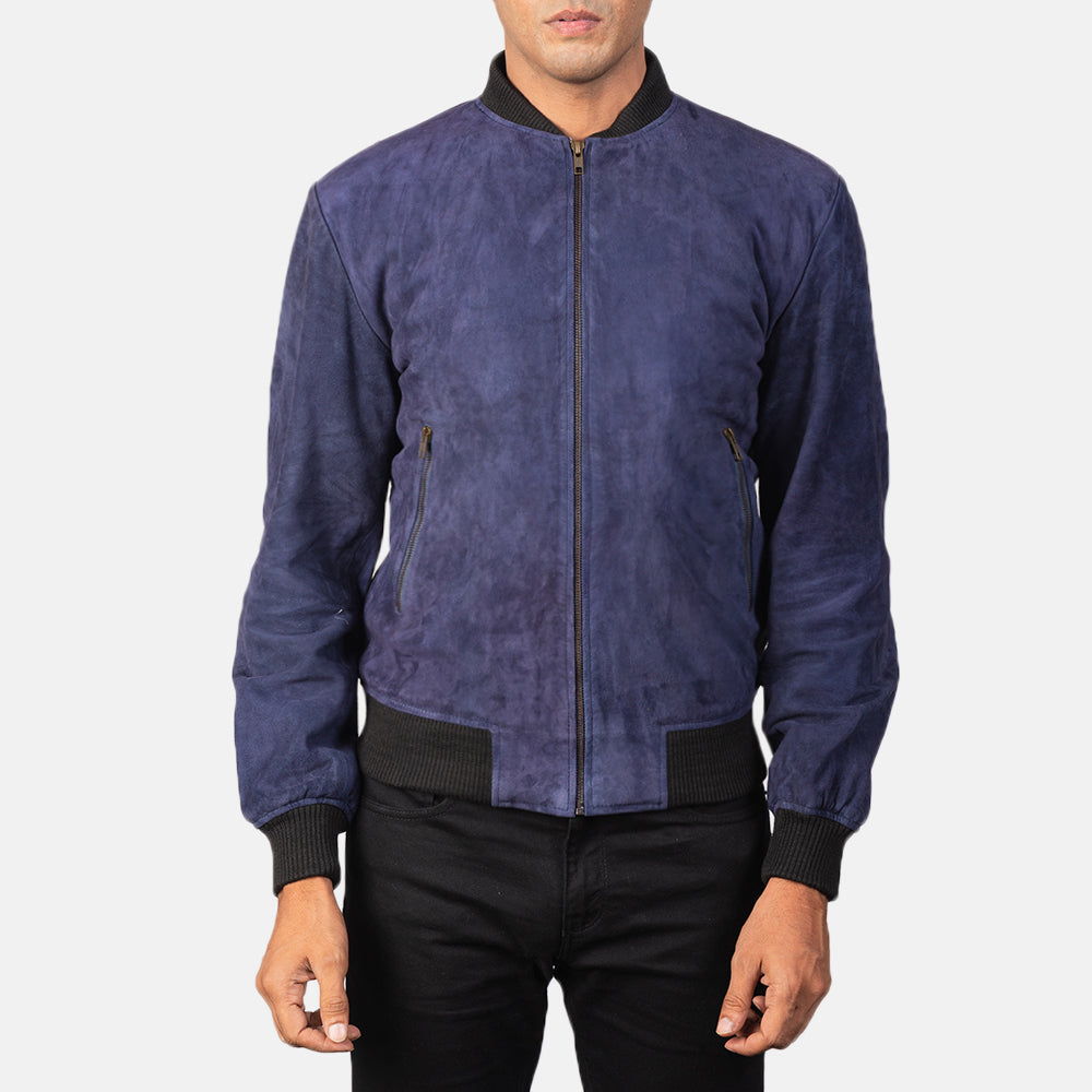 
تفاصيل مقربة of Varsity & Zipper Hardware on Shane Navy Blue Suede Bomber Jacket