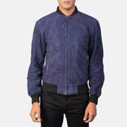 
تفاصيل مقربة of Varsity & Zipper Hardware on Shane Navy Blue Suede Bomber Jacket