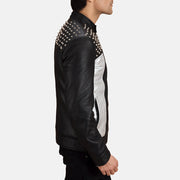 
Black Sheepskin Leather Biker Jacket - عرض خلفي يوضح تفصيل الأكتاف المتقن والحاشية النظيفة